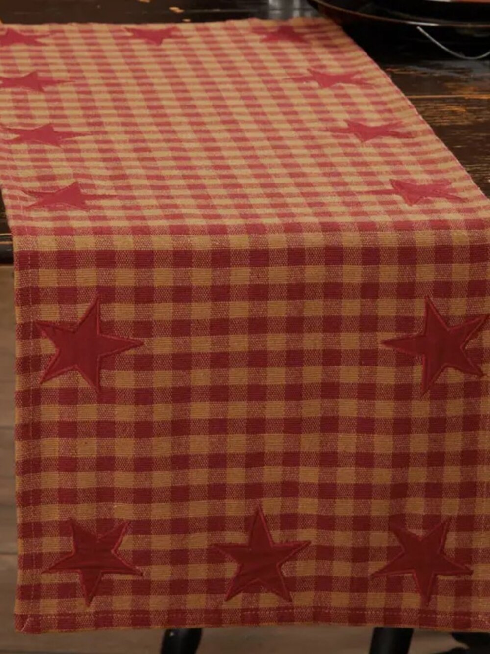 Burgundy Tan Star Check Table Runner Woven 13x36 NEW